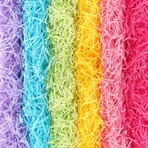 300 g fyllnadsmaterial, present, färgglad, 6 färger strimlat papper, mjukt fyllningsmaterial, presentförpackning, raffia-fyllningsmaterial med 1 gratulationskort för presentlådor, presentkorgar