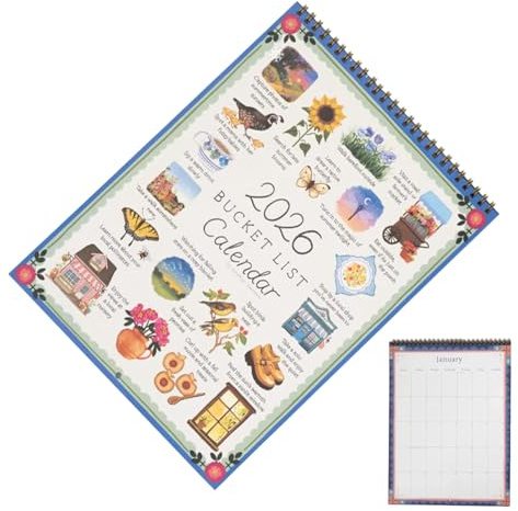 Watercolor 2026 Bucket List Calendar | 2026 Monthly Desk Calendar Planner Time Reminder Card | Seasonal Spiral Bound Work Supplies for Home Reading Study School Travel Vacation Party
