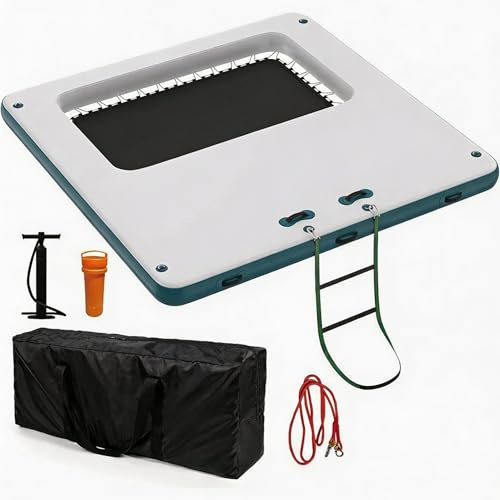 Plataforma de natación inflable de 305 x 305 cm con red de trampolín de 122 x 213 cm, base flotante antideslizante, isla de baño de PVC con escalera extraíble y bolsa de transporte para piscina, playa
