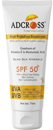 ADCROSS SPF 50 Sunscreen Lotion for Face & Body with Dead Sea Minerals, Broad Spectrum UVA/UVB Protection PA+++, Water Resistant, Non-Greasy, Non-Comedogenic, Vitamins C & E