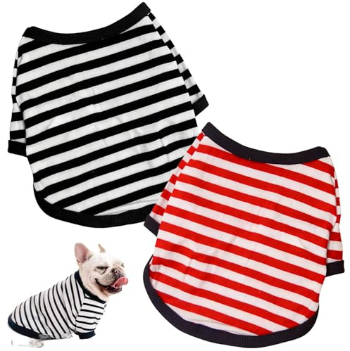 BUKLUKE T-Shirt à Rayures pour Chien, 2 Pièces Vêtements d'été pour Chien Chat, Chemises pour Cool en Coton Doux Vêtement 2XL (Noir & Rouge)