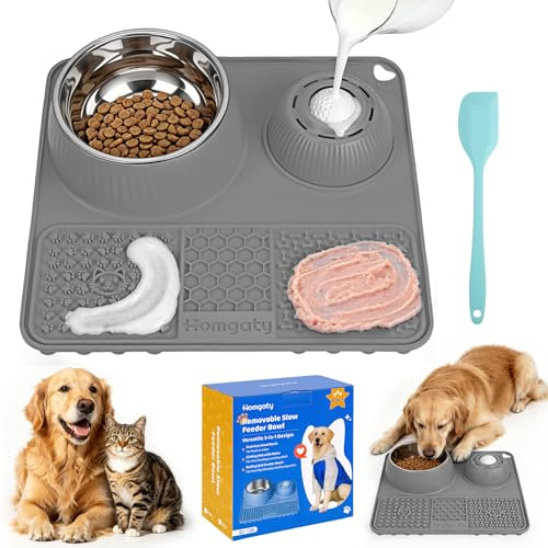 Homgaty Anscarfskål med slickmatta och slickboll hund, 3-i-1 hundskål av rostfritt stål och silikon, anti-sling-skål och läckagematta hund med spatel, BPA-fri (grå)