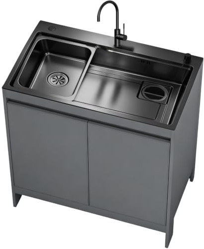 Mueble Fregadero Lavadero, Armario de Aluminio de Nido de Abeja Impermeable con Fregadero de Acero Inoxidable Negro Nano, Lavadero Portante Exterior/Interior con Grifo Cuello de Cisne, Blanco/Gris