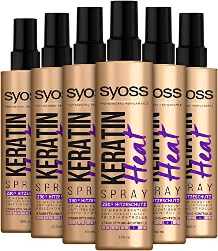 Syoss 230° värmeskyddsspray keratin heat pumpspray (6 x 200 ml), värmespray för 48 h tillförlitligt grepp, med frizz-kontroll för långvarig hårstyling