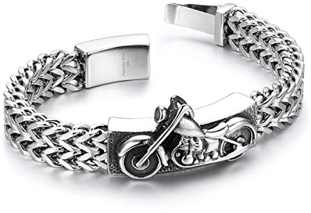 Flongo Wikinger Biker Armband für Herren : Edelstahl Adler Wolf Auto Motorräder Schlange Tier Gothic Punk Große Armkette Norwegian Amulett Glücksbringer