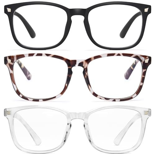 Gaoye Blåljusblockerande glasögon – 3-pack datorspelglasögon fyrkantig anti-UV-strålning, blåblockerande glasögon för kvinnor/män mode falska glasögon, matt svart + leopard + transparent