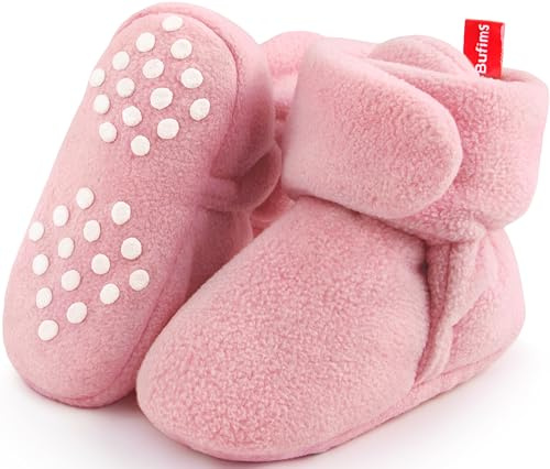 Bufims Fleece Baby Booties 6-12 Months Unisex Newborn Shoes Booties Non-Slip First Walkers House Slippers for Girls Baby Gifts, Pink