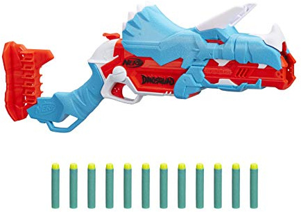 Nerf DinoSquad Tricera-Blast - Jouet Dinosaure - Blaster à Fléchettes Nerf - Jeu d'Extérieur et Idée Cadeau Enfant 8 Ans Garçon et Fille - Design de Triceratops - Multicolore