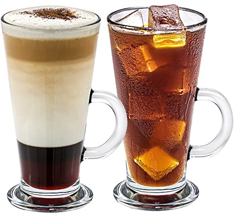 Crystalia Tall Irish Coffee Mugs with Handle, Large Colombian Glasses Set of 2, Tall Funnel Clear Glasses for Iced Coffee, Latte, Cappuccino, and Hot Chocolate, Big Plain Glass (Large 12 oz)