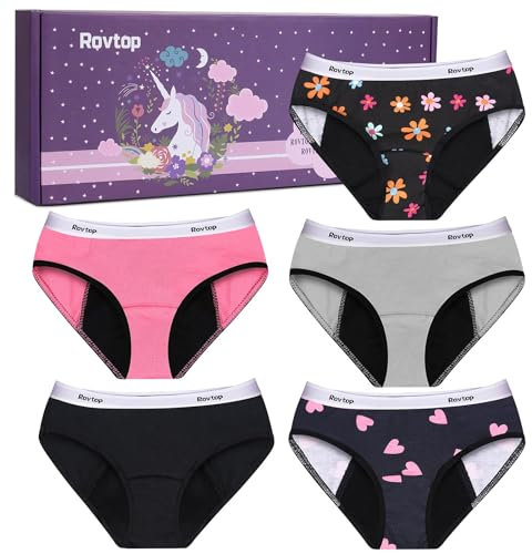 Rovtop Girls Menstrual Period Pants Teenager, Kids 5Pcs Soft Cotton Menstrual Briefs, Period Knickers Girls Leak-Proof, Clean and Washable, Teenage Menstrual Underwear for 8-16 Years(Size L)