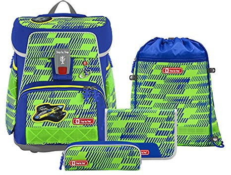 Step by Step Schulranzen-Set SPACE NEON Star Catcher Juno, 5-teilig, grün-blau, ergonomischer Tornister mit Reflektoren, höhenverstellbar mit Hüftgurt, für die 1. bis 4. Klasse, 20L