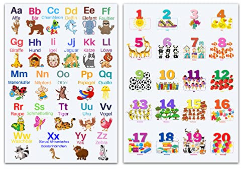 ABC Poster und Zahlen Lernposter DinA2 Set für Grundschüler - Alphabet und Zahlen von 1 bis 20 Lernen mit Zwei großen 42,0 x 59,4cm Poster für´s Kinderzimmer - Kinderposter Grundschule