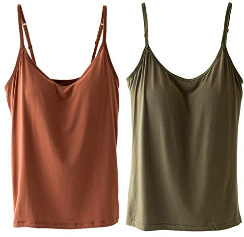 JK Home Lot de 2 Camisole Femme Soutien-Gorge Intégré Débardeur Bretelle T-Shirt sans Manches Marron/Vert 82cm