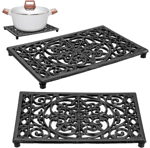 Sumnacon 2Pcs Rectangle Cast Iron Trivet - Heat Resistant Iron Trivet for Hot Dish Pot Pan Plate Teapot, Rustic Cast Iron Hot Dish Plate Holder for Kitchen Dining Table Countertop Cooktop