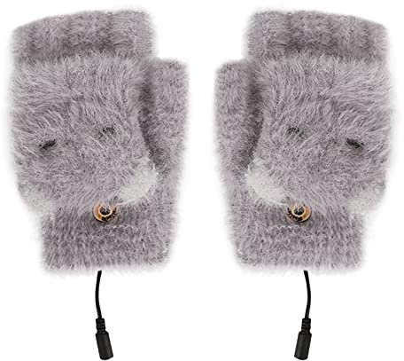 Faxianther Damen Winter Fingerlose Handschuhe USB Beheizte Handschuhe ohne fingerkuppen mit Kappe Halb Finger Strickhandschuhe Fäustlinge Handschuhe Winterhandschuhe Thermal Warm Fäustlingehandschuhe