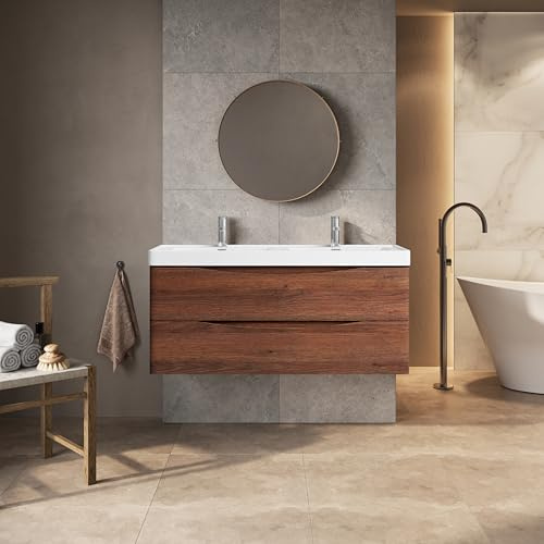 Go Bathrooms Eaton Redwood 1200mm Wall Hung Vanity Unit Inc Resin Basin Sink Oak Effect Vanity Unit Under Sink Bathroom Cabinet Storage Vanity Sink