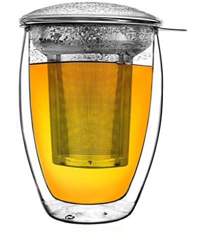 Creano Vaso de té de doble pared con filtro de acero inoxidable y tapa de cristal 1x 400ml de doble pared