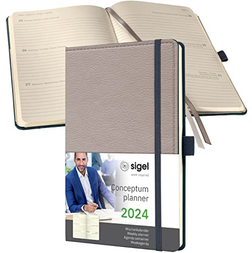 SIGEL C2453 Terminplaner Wochenkalender 2024, Lederoptik, ca. A5, beige, Hardcover, 192 Seiten, Gummiband, Stiftschlaufe, Archivtasche, PEFC-zertifiziert, Conceptum
