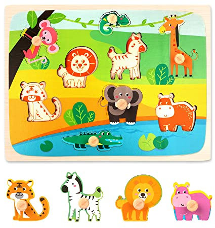Holzpuzzle ab 1 2 3 Jahr Kinder Steckpuzzle Montessori Holz Steckspiel, Greifpuzzle Holzspielzeug, Tiere Puzzle Lernspielzeug für Baby Junge Mädchen Geschenk