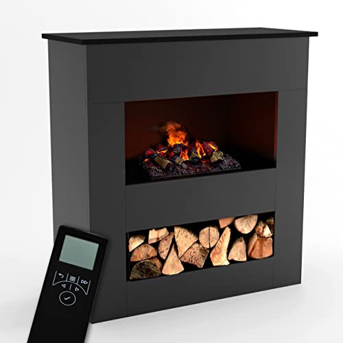GLOW FIRE Wasserdampf Kamin BRECHT (Standkamin) - Elektrokamin mit realistischen LED 3D-Flammen, Knistereffekt & Fernbedienung, 105x110x40 cm - Opti-Myst 500 Elektro Kamin mit Holz-Deko, Grau