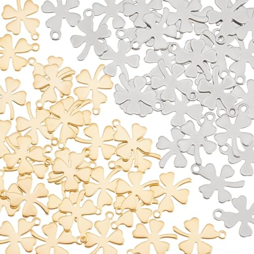 UNICRAFTALE 60 Stk 2 Farben 1mm Loch Edelstahl Kleeblatt Anhänger Kleine Glücksblätter Anhänger Metall Kleeblatt Ohrringe Charms Für DIY Armbänder Halsketten Schlüsselanhänger Schmuckherstellung