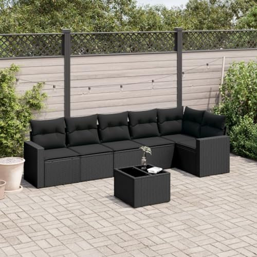 Willood Garten Rattan Sofa Set 7 Stück mit Kissen Schwarz Poly RattanSchwarz+Schwarz