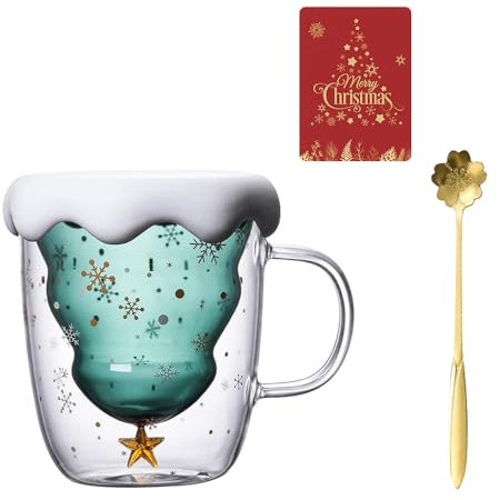 Fiotha Tazzine Caffe Vetro, Tazza in Vetro a Doppia Parete, Tazza di Vetro Albero di Natale, con Manico, Cucchiaio, Adatto Come Regalo di Compleanno Romantico Creativo, Verde