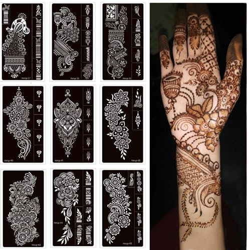 9 Blatt Schablonen Temporäre Tattoo-Set, Wiederverwendbar, Indische Aufkleber, Selbstklebende Vorlagen