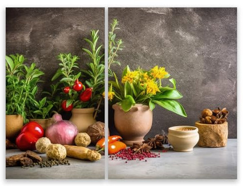 SMTDeco Herdabdeckplatte 30x52+40x52 cm – Mehr Arbeitsfläche, Spritzschutz & Schneidebrett – ESG Glas, kratzfest – für Induktion/Ceranfeld – 2-teilig, Motiv Gemüse Kräuter Grün