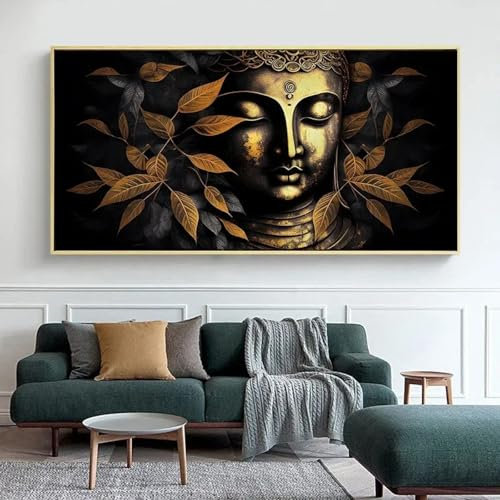 HNKDKJ Schwarze Buddha-Statue aus Blattgold auf Leinwand, großer Buddha, religiöser Glaube, Posterdruck, modernes abstraktes Bild, Dekoration, 75 x 150 cm, mit goldenem Rahmen