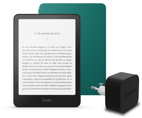 Le dernier Kindle Paperwhite (version 2024) 16 GB avec publicités, une couverture basée sur Amazon Plant et un adaptateur secteur Amazon Powerfast 9 W.