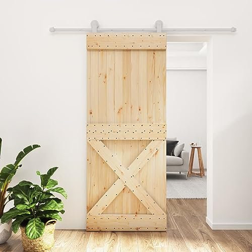 Annlera Porte coulissante en bois, porte coulissante en bois, meuble d'entrée, porte en pin massif, pour chambre à coucher, cuisine, grange, garage, etc. Design peu encombrant, marron +