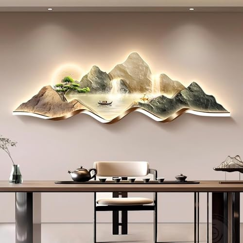 KEJIAWU 3D Wanddeko, Moderne Wandkunst, Wandskulpturen-Kunst mit LED, Chinesische Kreative Landschaftsbildwand for Zuhause, Wohnzimmer, Arbeitszimmer, Schlafzimmer-Dekor(Natural,47.2 * 15.7in)