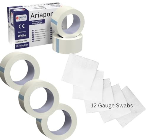 Microporous Medical Tape Waterproof, 3 Rolls 2.5cm x 10m with 12 gauze swabs - Hypoallergenic Surgical Tape for Wound Care, Dressings & Face, First Aid Waterproof Bandage for Sensitive Skin