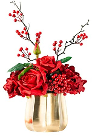 TONZN Bouquet de fleurs artificielles avec vase en céramique - Pour mariage, jardin, bureau, décoration d'intérieur (couleur :