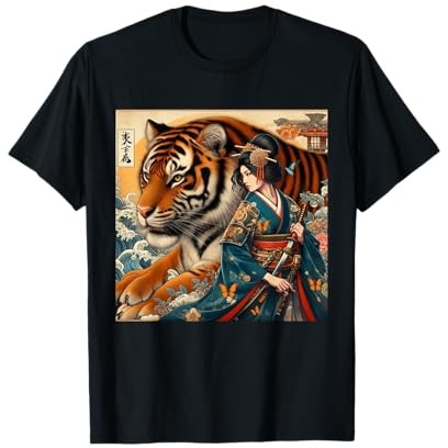 Samurai Girl Fighting Giant Tiger Traditional Japanese Art T-Shirt