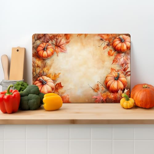 Textured Glass Chopping Board Worktop Saver for Kitchens, Durable, Easy-Clean, Scratch Resistant, Hygienic, Non Slip Feet, Watercolour Pumpkins, Available in Two Sizes Large 39cm x 29cm