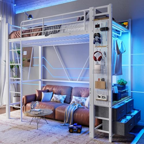 Hochbett, 90 x 200cm, Eisenrahmen , Mit Trockenstab, Mit Einlegeböden, 4 Schubladen, Mit USB+TYPE-C Steckdose, LED-Leiste, Geländer, Trittleiter, mit Lochbrett(Weiß(ohne Schreibtisch), 90 x 200cm)