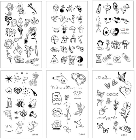 COYUN 6 Hojas 100+ Tatuajes Temporales Adultos En Dibujos Frases Negro Estilo Bohemio Corazón Amor Flores Henna Tatuajes Para Mujer Hombre Niños Vida Diaria Fiestas Concierto Halloween Carnaval