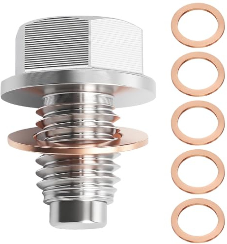 Vite magnetica di scarico dell'olio, guarnizione magnetica con 5 guarnizioni in rame, vite magnetica universale per auto, moto, barca (M12 x 1,5)