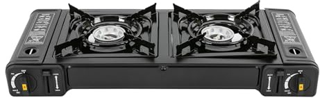 Réchaud à gaz 2 en 1 au butane (non inclus) - Réchaud de camping portable - Avec plateau de cuisson et 2 brûleurs - Pour camping, voyage, randonnée, pique-niques, barbecues, 64 x 27,8 x 8 cm