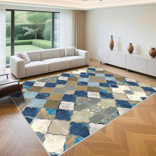 QGYFRE Teppich Für Kinderzimmer küche 160x200cm Blau Retro geometrische Muster Wohnzimmer Teenager Schlafzimmer Webteppich