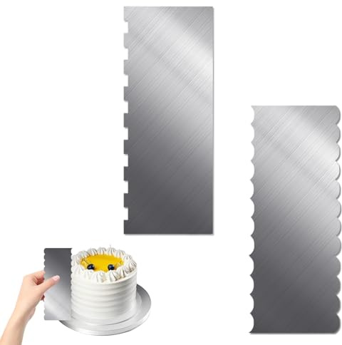 Cake Scraper, 2Pcs Stainless Steel Cake Scraper Tool for Different Shapes of Cake Edges Decoration 9 Inch Double Sided Cake Smoother Icing Frosting Buttercream Comb Double Sided Fit Silver