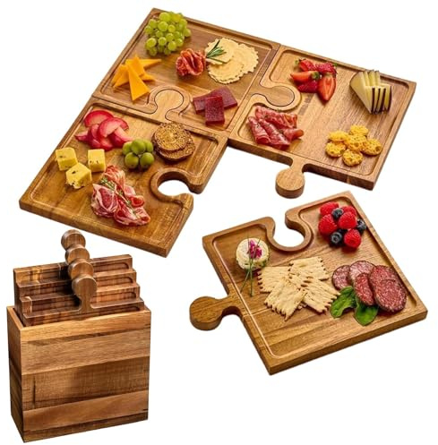 Plateau De Service En Bois Puzzle 4 Pièces | Planches De Charcuterie Emboîtables Avec Boîte De Rangement | Planche À Fromage En Bois Avec Poignée, Fournitures De Fête, Décoration De Table Pour Maison