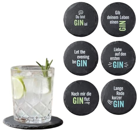 CULT at home Gin Untersetzer mit Sprüchen - Schiefer Untersetzer für Gin Gläser – Geschenkideen Männer - Gin Geschenk Schwarz Ø 10 cm