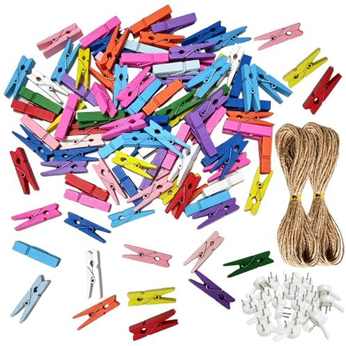 100 Bunte Mini Holzklammern Set mit Hanfseil und Haken zum Aufhängen | Vielseitig nutzbar für Fotogalerien und Bastelarbeiten, leichtes Material für individuelle Raumdekoration