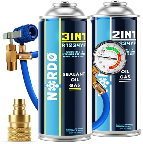 Nordo - Kit Recharge Climatisation R1234yf avec Gaz R1234yf 3en1 – 2X 235 g avec Tuyau, Manomètre et Adaptateur AZ – Climatisation Automobile – ECO