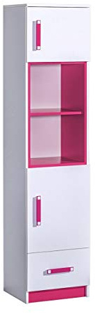 Furniture24 Regal TRAFIKO 04 mit 2 Türen und Schublade, Schrank, Hochschrank für Jugend und Kinderzimmer (Weiß/Rosa)