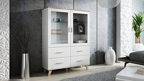 Vitrinew Lotta Schrank Wohnzimmerschrank Vitrinenschrank Skandinavish 2 Türiger 4 Schubladen Briliantweiß/Sonoma Eiche