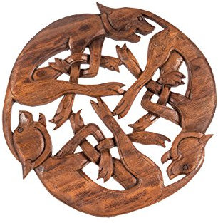 Windalf Großes Celtic Irish Wandbild DIE WILDE JAGD Ø 29 cm Wölfe Holzornament Nordisches Wandrelief Skandinavischer Holz-Dekor Handarbeit